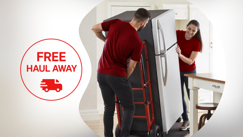 text reading Free Haul-Away next to image of people moving a refrigerator