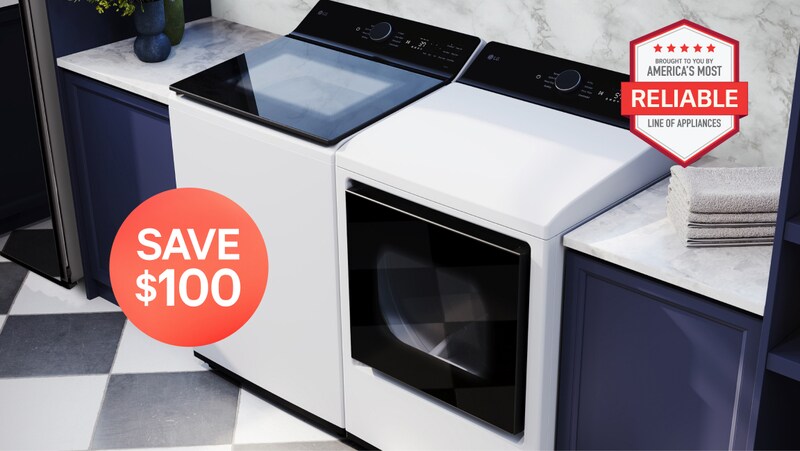text reading save 100 with images of washing machines and LG reliability badge