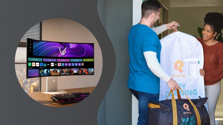 A split image showing a high-tech gaming and entertainment monitor setup on the left, and a man delivering a laundry bag to a smiling woman at her doorstep on the right, promoting Rinse laundry services.