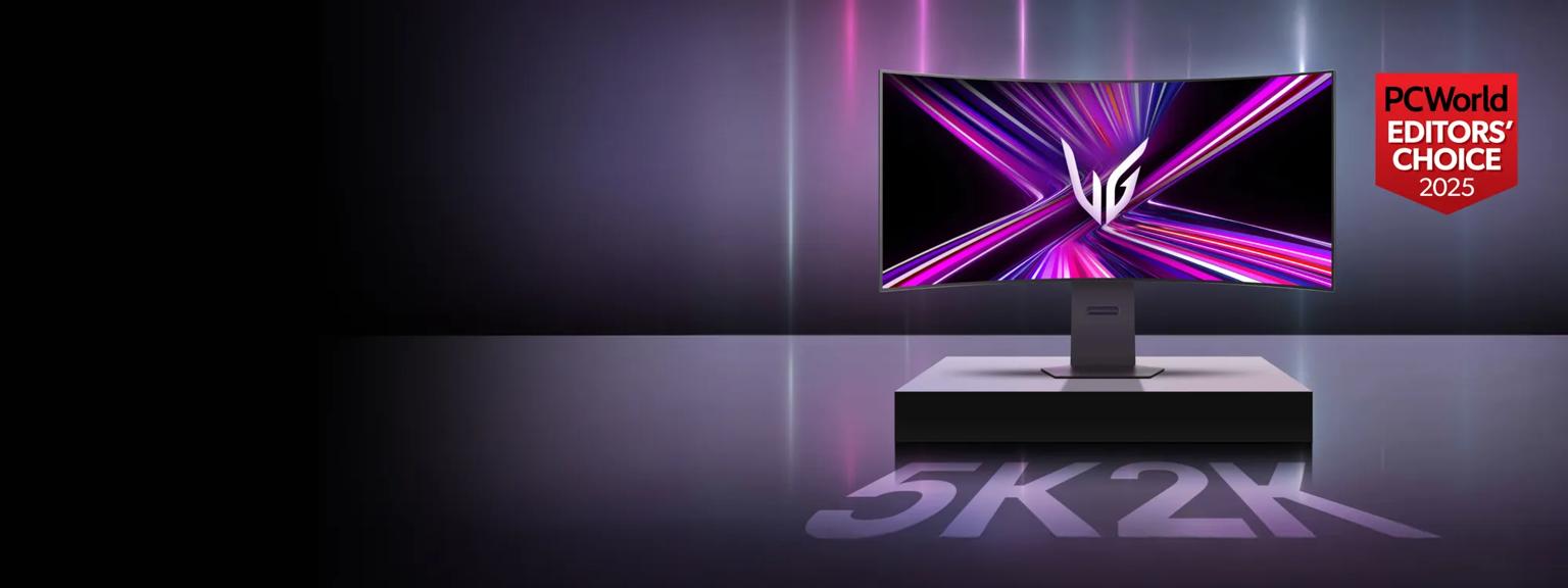 An UltraGear GX9 OLED Monitor on a chrome background. Text reading “5K2K”  appears below the display.